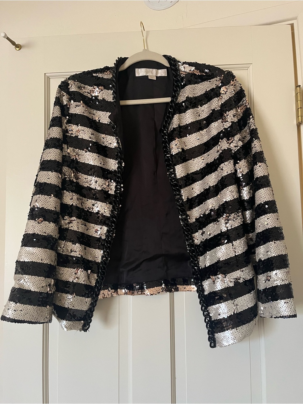 Boston Proper Women’s Sequin Black White Stripe Parisian Jacket Blazer Size 16